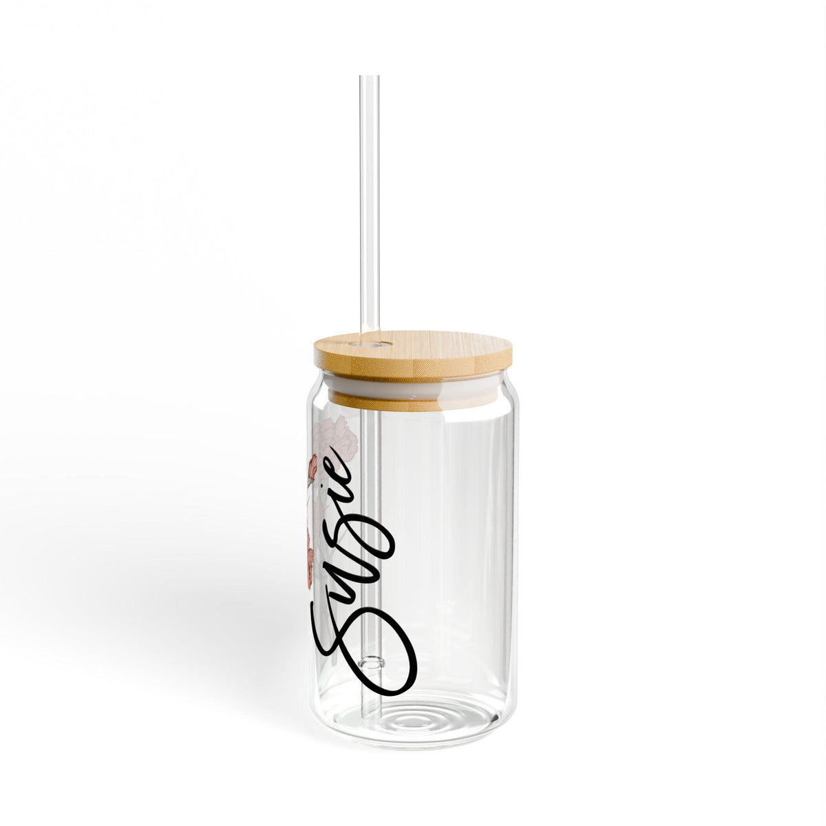 Birth Flower Name Sipper Glass Cup with Bamboo Lid, Personalized Floral Tumbler, 16oz Reusable Drinkware, Custom Gift for Plant Lover