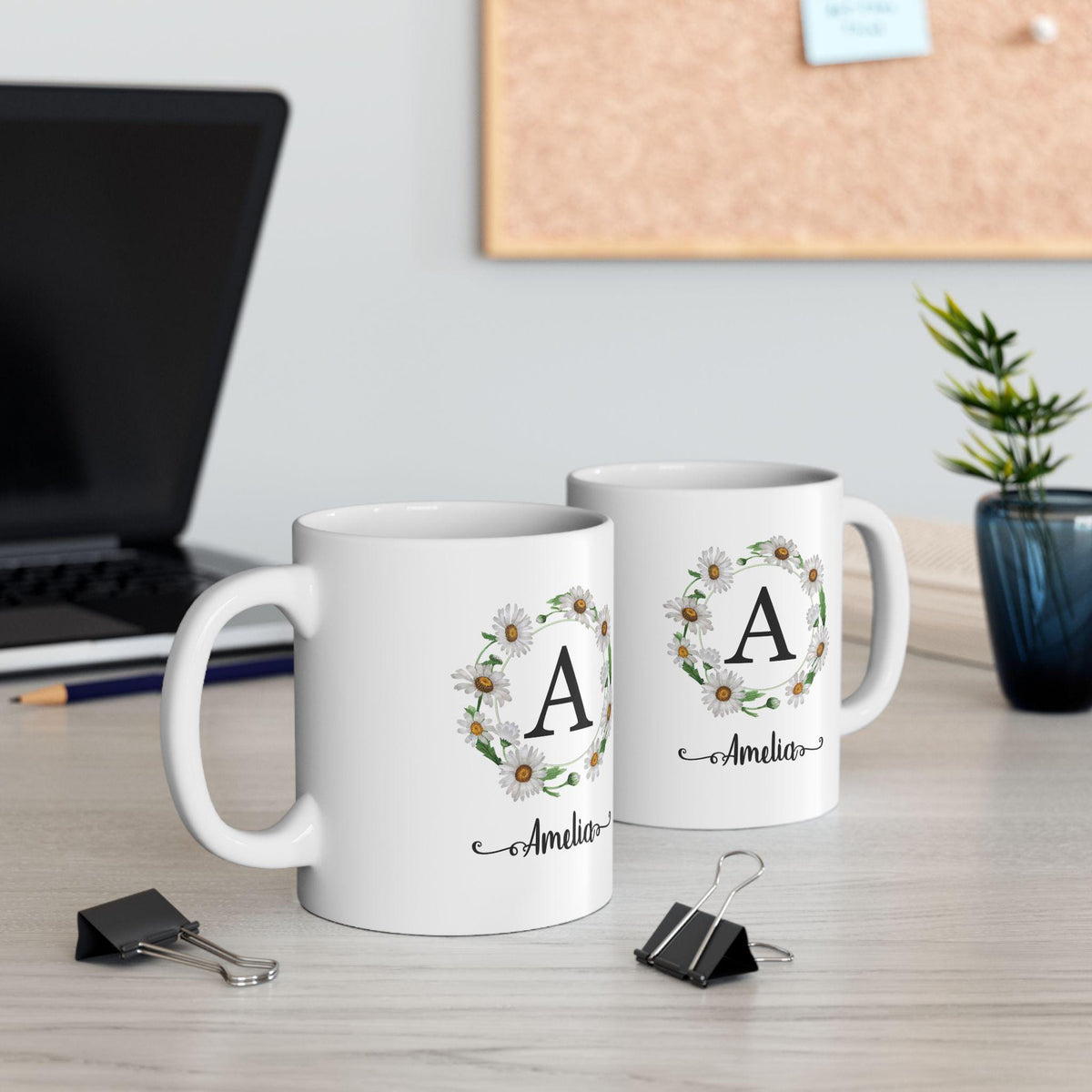 Floral Initial Ceramic Mug: Personalized Daisy Coffee Cup