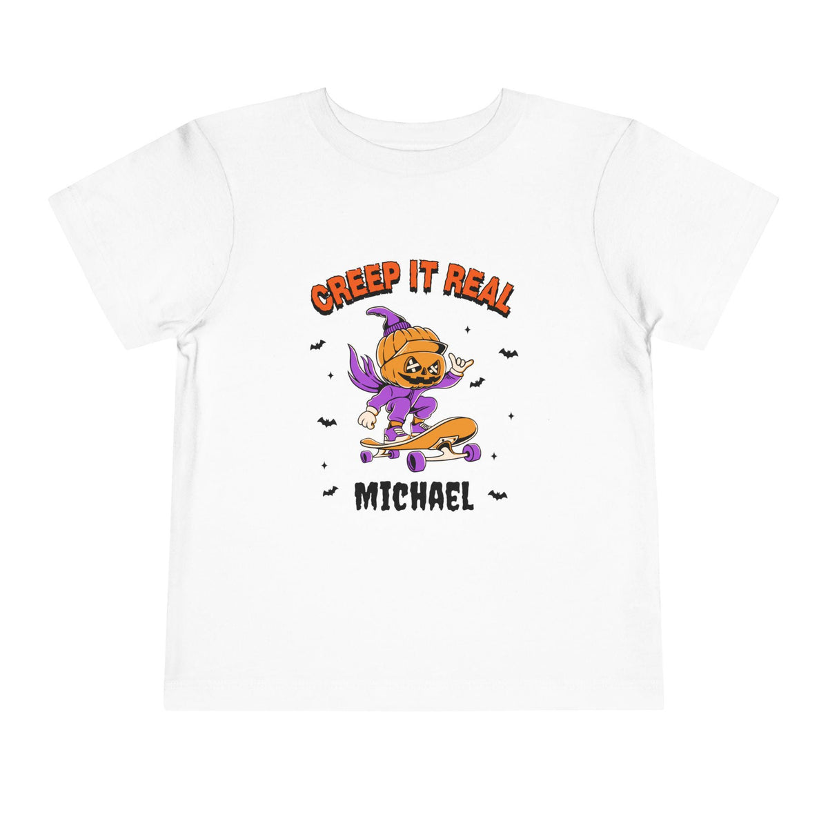 Personalized Halloween Toddler Tee: Creepy Pumpkin Witch Skateboard Design