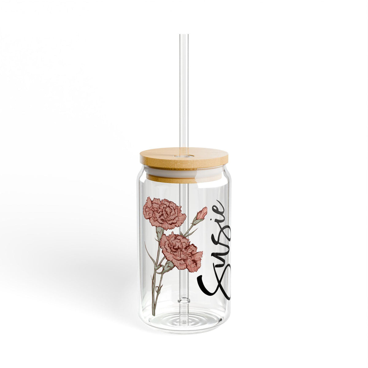 Birth Flower Name Sipper Glass Cup with Bamboo Lid, Personalized Floral Tumbler, 16oz Reusable Drinkware, Custom Gift for Plant Lover
