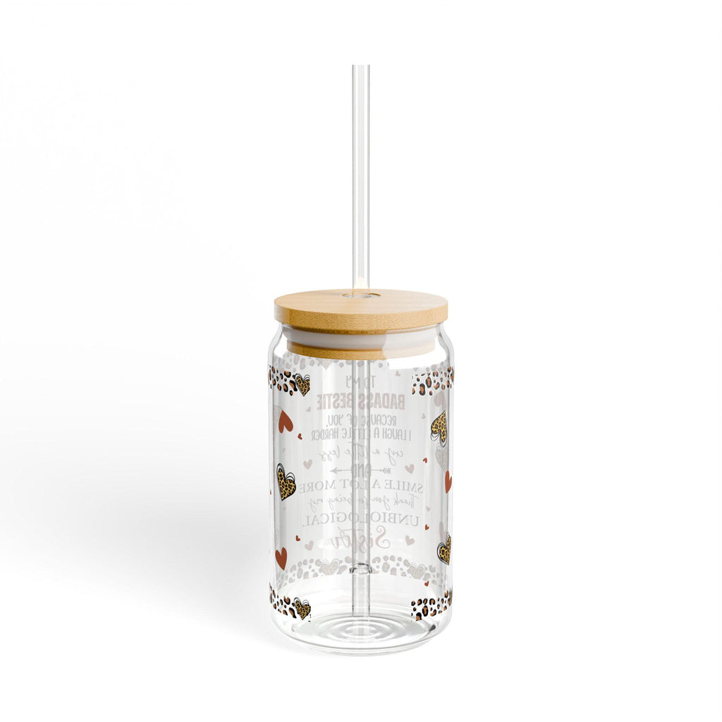 Badass Bessie quote sipper glass 16oz tumbler with straw, heart leopard, reusable drink cup, gift for sister, friendship gift